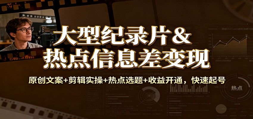 大型纪录片&热点信息差变现：原创文案+剪辑实操+热点选题+收益开通，快速起号-heixxmi