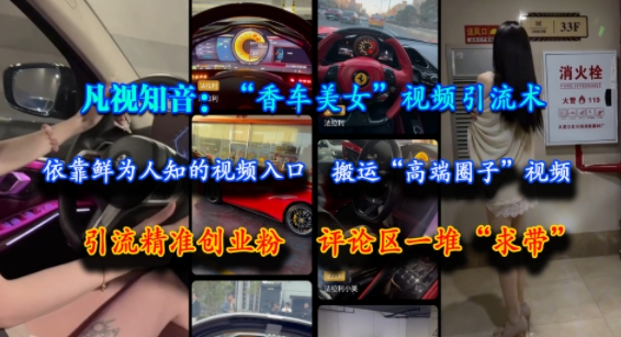 凡视知音：“香车美女”视频引流术，依靠鲜为人知的视频入口，搬运“高端圈子”视频，引流精准创业粉，评论区一堆“求带”-heixxmi