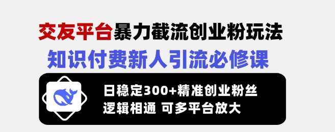 交友平台暴力截流创业粉玩法，知识付费新人引流必修课，日稳定300+精准创业粉丝，逻辑相通可多平台放大-heixxmi