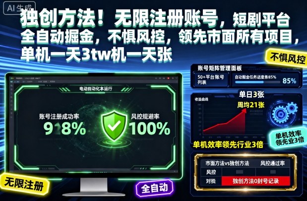 独创方法！无限注册账号，短剧平台全自动掘金，不惧风控，领先市面所有项目，单机一天3张【揭秘】-heixxmi
