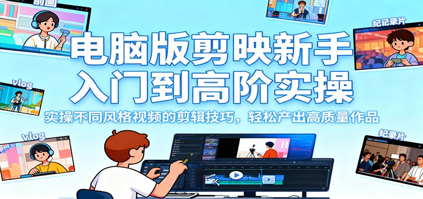 电脑版剪映新手入门到高阶实操，实操不同风格视频的剪辑技巧，轻松产出高质量作品-heixxmi