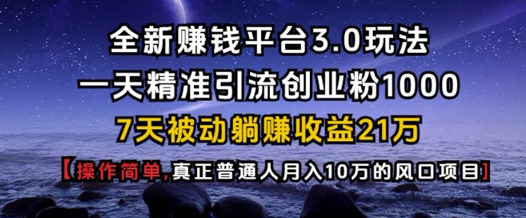 全新赚钱平台3.0玩法一天精准引流创业粉1000.7天被动躺Z收益21W【仅揭秘】-heixxmi