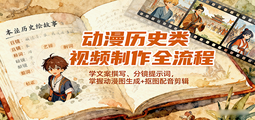 动漫历史类视频制作全流程，学文案撰写、分镜提示词，掌握动漫图生成+抠图配音剪辑-heixxmi
