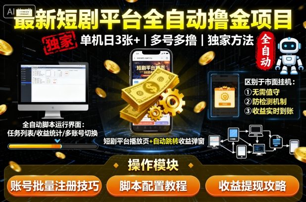 最新短剧平台全自动挂G撸金项目，单机一天3张+，多号多撸，区别于市面所有挂机项目，独家方法【揭秘】-heixxmi