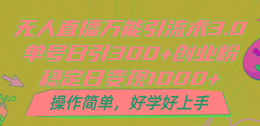 无人直播万能引流术3.0，单号日引300+创业粉，稳定日变现1000+，操作简单-heixxmi