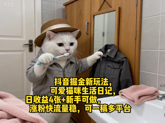 抖音掘金新玩法，可爱猫咪生活日记，日收益4张+新手可做，涨粉快流量稳，可一稿多平台-heixxmi
