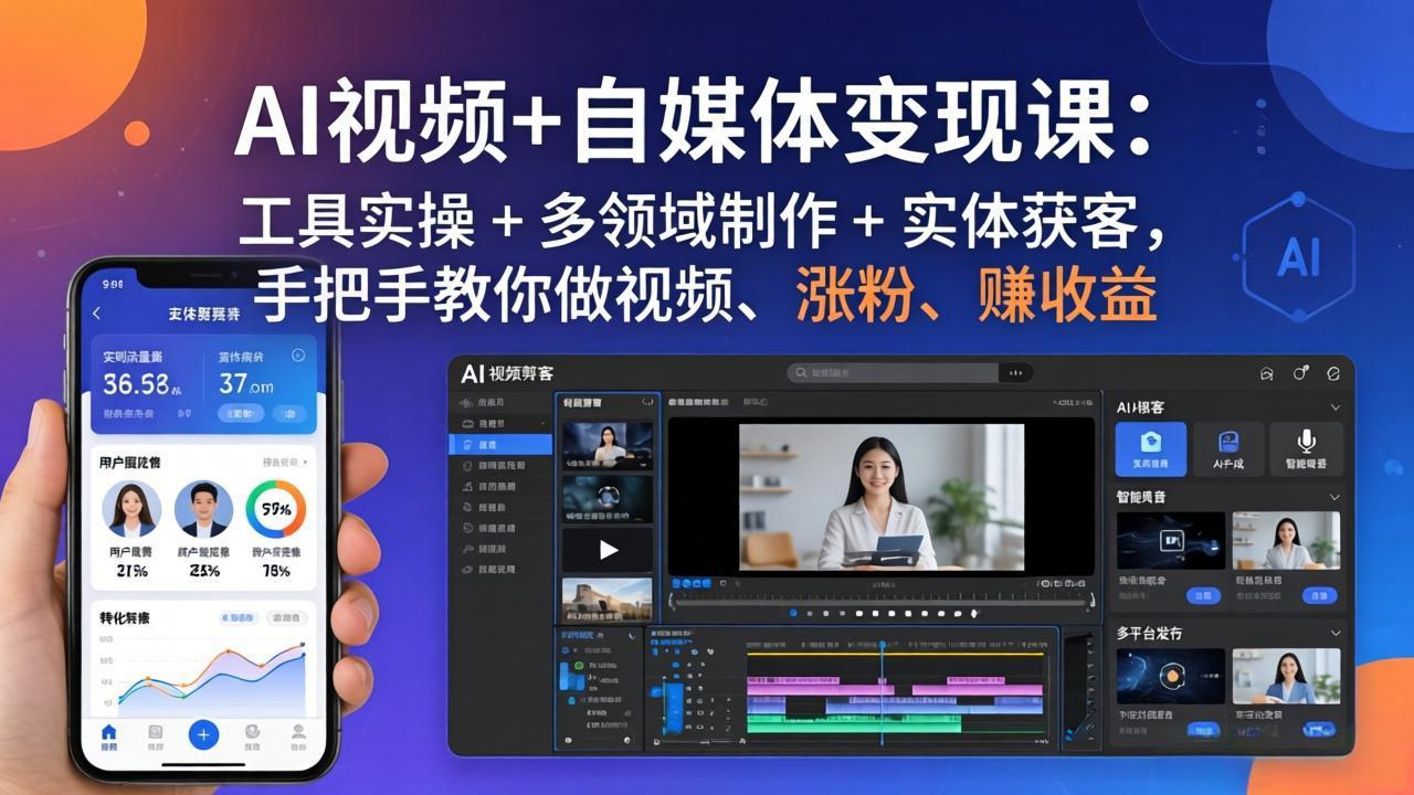 AI视频+自媒体变现课：工具实操 + 多领域制作 + 实体获客，手把手教你做视频、涨粉、赚收益-heixxmi