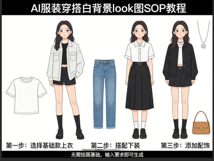AI服装穿搭白背景look图SOP教程，不用会画画，提几句具体要求，AI就能还你一个奇迹-heixxmi