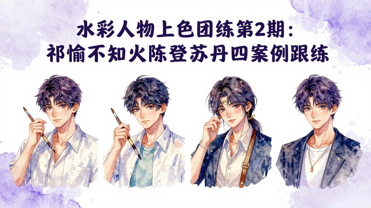 水彩人物上色团练第2期：祁煜不知火陈登苏丹四案例跟练，手把手提升绘画能力-heixxmi