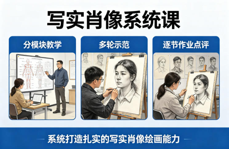 写实肖像系统课，全程分模块教学+多轮示范+逐节作业点评，系统打造扎实的写实肖像绘画能力-heixxmi
