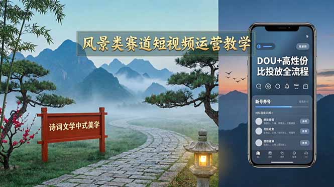 风景类赛道短视频运营教学：诗词文学中式美学，新号养号对标账号定位，DOU+高性价比投放全流程-heixxmi