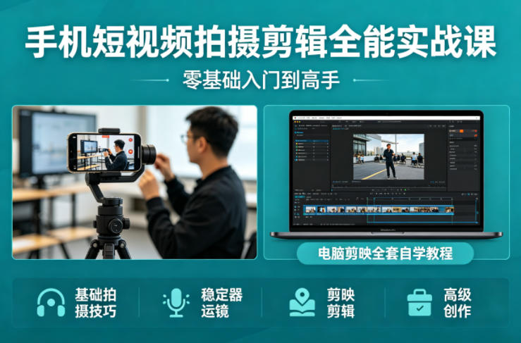 手机短视频拍摄剪辑全能实战课：零基础入门到高手，稳定器运镜+电脑剪映全套自学教程-heixxmi