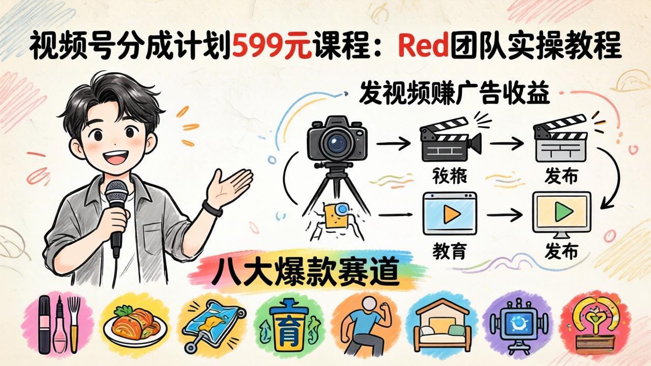视频号分成计划599元课程：Red团队实操教程，发视频赚广告收益，八大爆款赛道全掌握-heixxmi