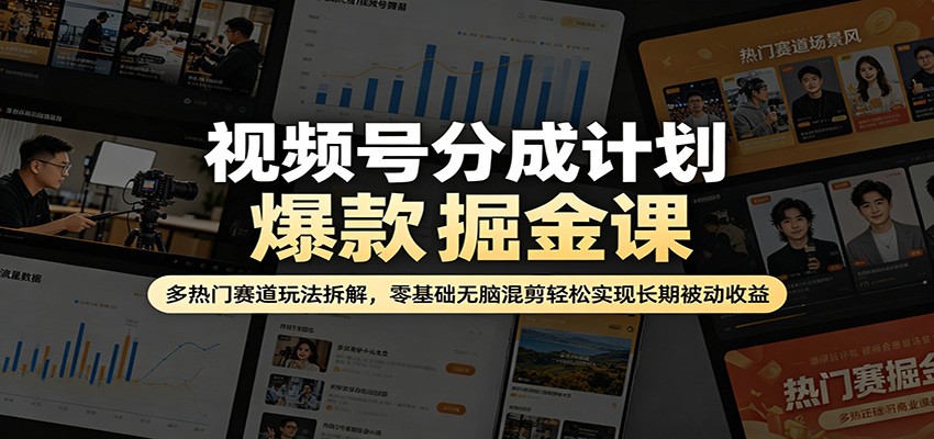 视频号分成计划爆款掘金课：多热门赛道玩法拆解，零基础无脑混剪轻松实现长期被动收益-heixxmi