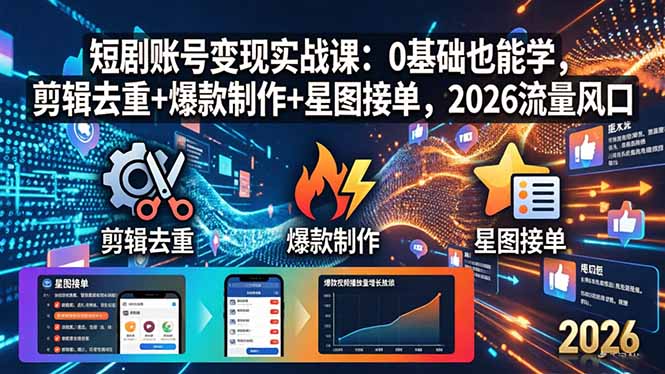 短剧账号变现实战课：0基础也能学，剪辑去重+爆款制作+星图接单，2026流量风口-heixxmi