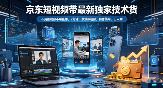 京东短视频带货最新独家技术，不用拍视频不用直播，2分钟一条爆款视频，操作简单，日入1k+【揭秘】-heixxmi