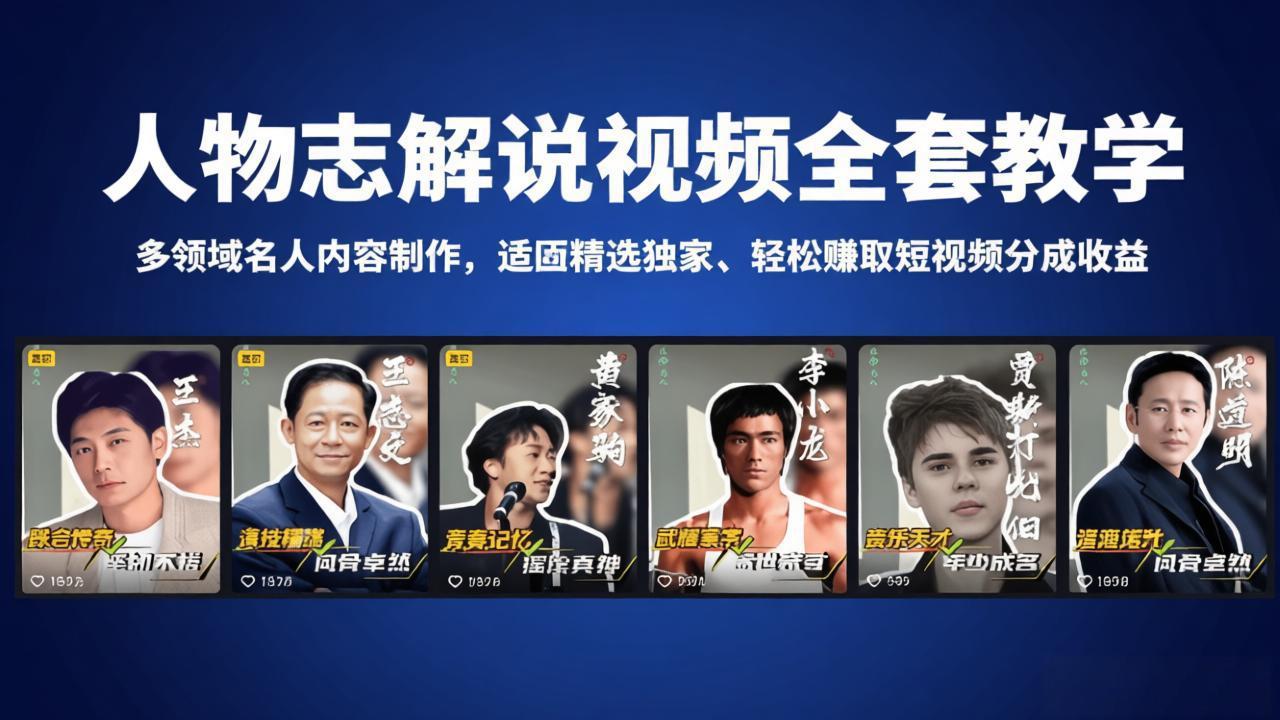 人物志解说视频全套教学，多领域名人内容制作，适配精选独家，轻松赚取短视频分成收益-heixxmi