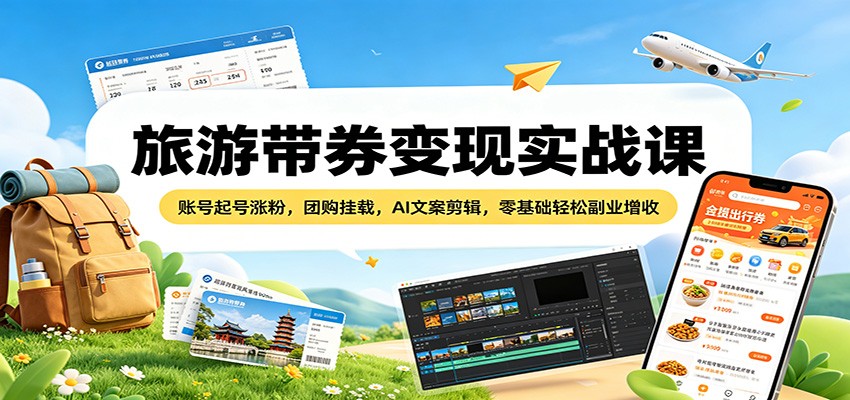 旅游带券变现实战课：账号起号涨粉，团购挂载，AI文案剪辑，零基础轻松副业增收-heixxmi