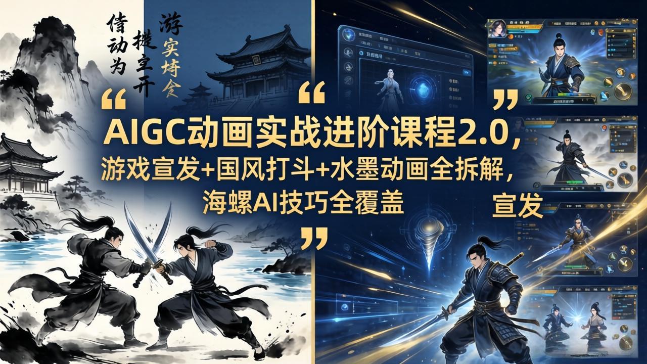 AIGC动画实战进阶课程2.0，游戏宣发+国风打斗+水墨动画全拆解，海螺AI技巧全覆盖-heixxmi