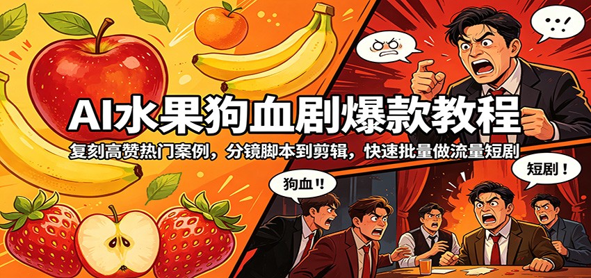 AI水果狗血剧爆款教程：复刻高赞热门案例，分镜脚本到剪辑，快速批量做流量短剧-heixxmi