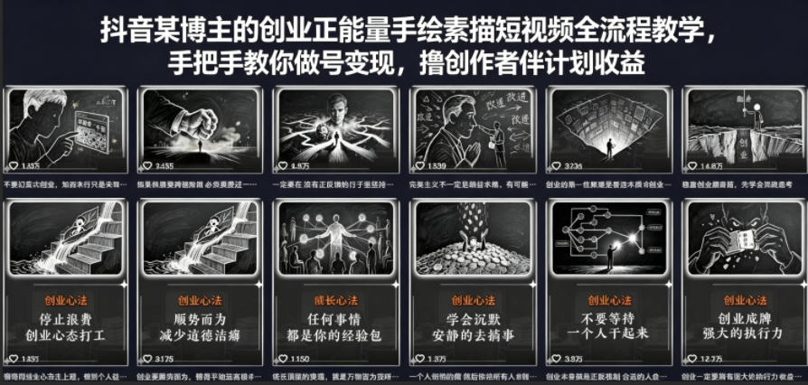抖音某博主的创业正能量手绘素描短视频全流程教学，手把手教你做号变现，撸创作者伙伴计划收益-heixxmi