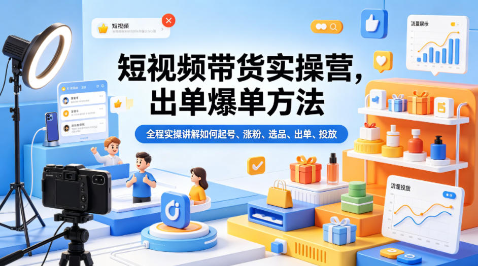 短视频带货实操营，出单爆单方法，全程实操讲解如何起号、涨粉、选品、出单、投放-heixxmi