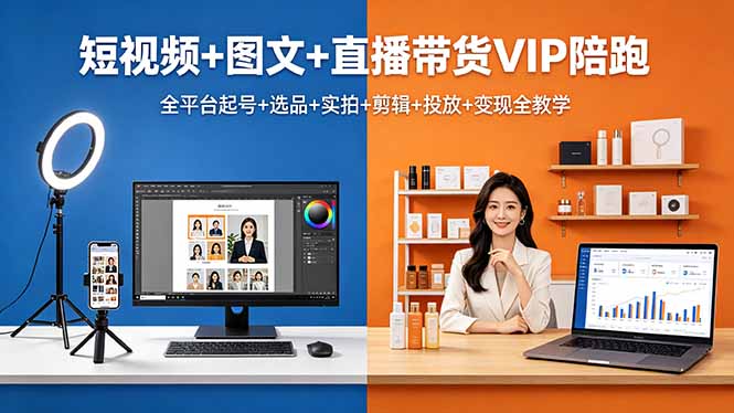 短视频+图文+直播带货VIP陪跑，全平台起号+选品+实拍+剪辑+投放+变现全教学-heixxmi