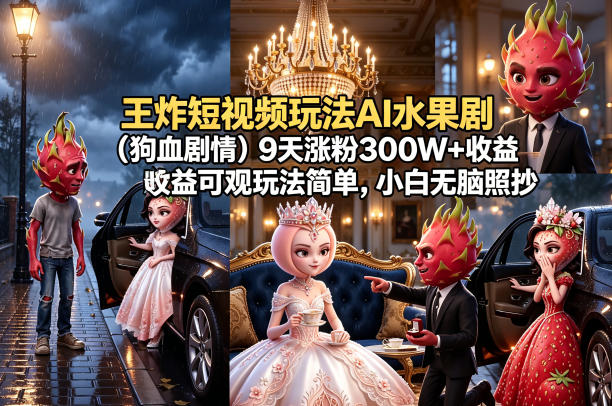 王炸短视频玩法AI水果剧(狗血剧情)9天涨粉300W+收益可观玩法简单，小白无脑照抄，详细拆解玩法-heixxmi
