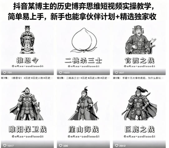 抖音某博主的历史博弈思维短视频实操教学，简单易上手，新手也能拿伙伴计划+精选独家收益-heixxmi