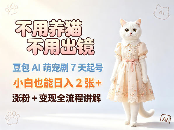 不用养猫不用出镜，豆包AI萌宠剧7天起号，小白也能日入2张+，涨粉+变现全流程讲解-heixxmi