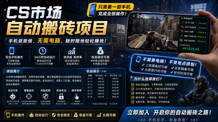 手机即可操作的CS市场自动搬砖系统｜自动监控｜自动下单|日入300+【揭秘】-heixxmi