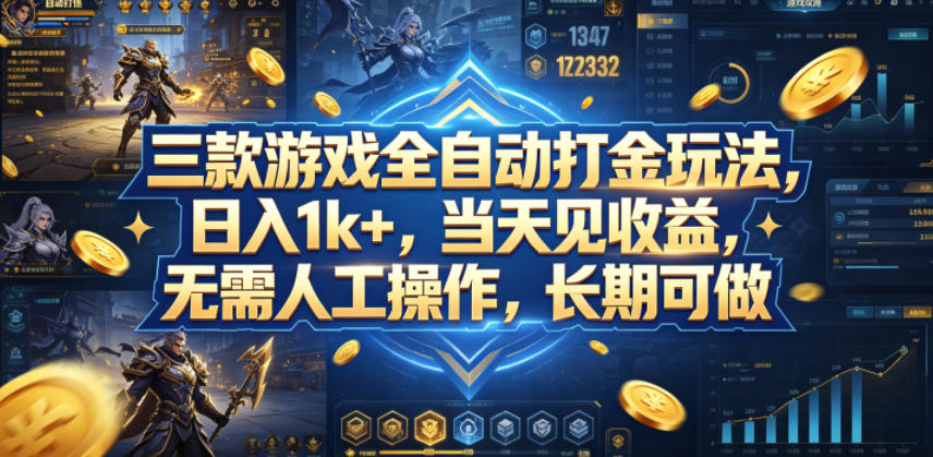 三款游戏全自动打金玩法，日入1k+，当天见收益，无需人工操作，长期可做【揭秘】-heixxmi