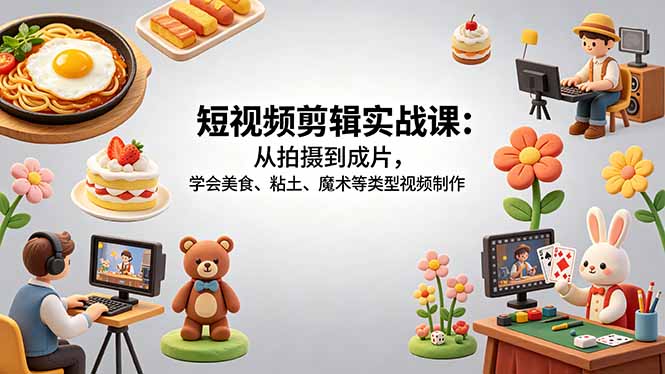 短视频剪辑实战课：从拍摄到成片，学会美食、粘土、魔术等类型视频制作-heixxmi