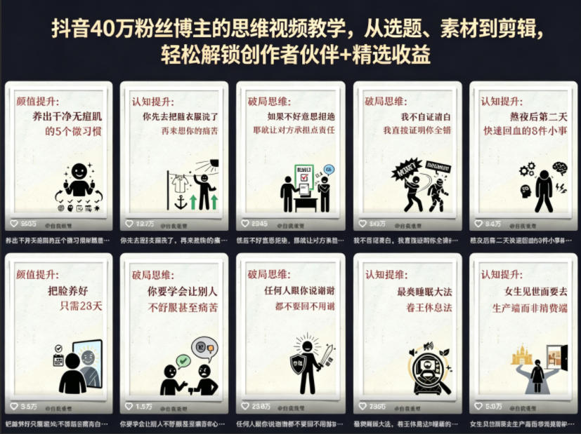 抖音40W粉丝博主的思维视频教学，从选题、素材到剪辑，轻松解锁创作者伙伴+精选收益-heixxmi