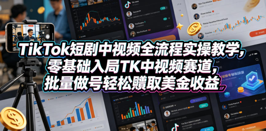 TikTok短剧中视频全流程实操教学，零基础入局TK中视频赛道，批量做号轻松賺取美金收益-heixxmi