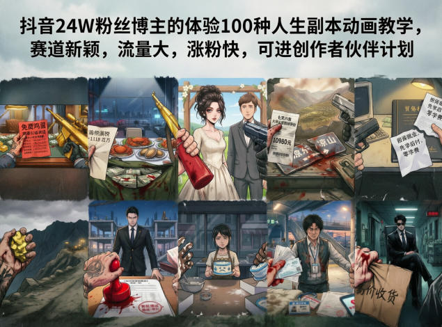 抖音24W粉丝博主的体验100种人生副本动画教学，赛道新颖，流量大，涨粉快，可进创作者伙伴计划-heixxmi