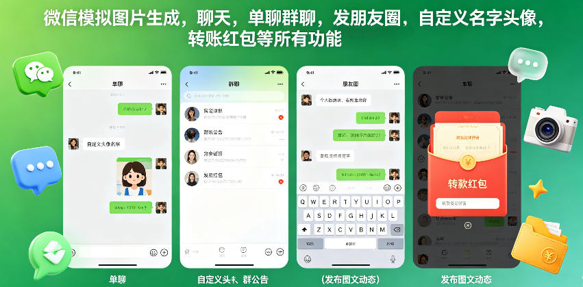 微信模拟图片生成，聊天，单聊群聊，发朋友圈，自定义名字头像，转账红包等所有功能都可以生成-heixxmi