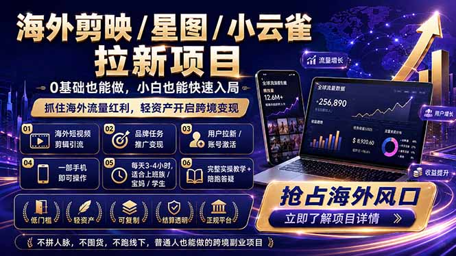 海外剪映 / 星图 / 小云雀拉新项目 普通人也能上手的跨境流量变现副业-heixxmi