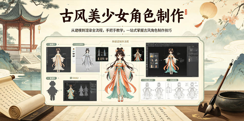 古风美少女角色制作，从建模到渲染全流程，手把手教学，一站式掌握古风角色制作技巧-heixxmi