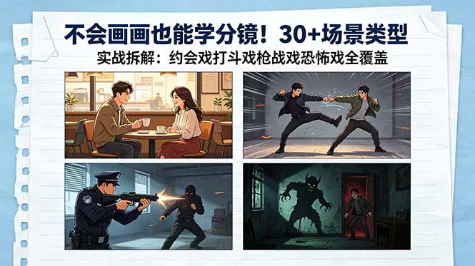 不会画画也能学分镜！30+场景类型实战拆解：约会戏打斗戏枪战戏恐怖戏全覆盖-heixxmi