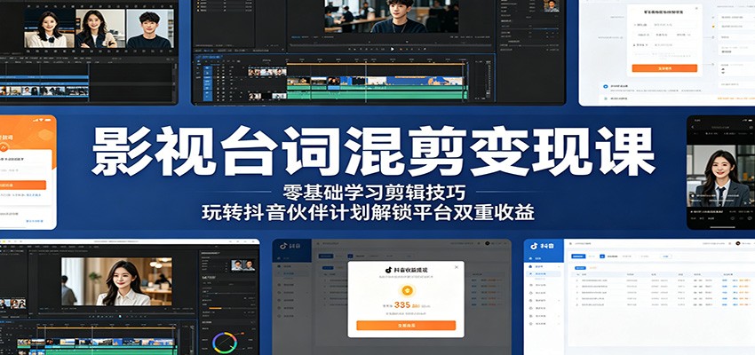 影视台词混剪变现课：零基础学习剪辑技巧，玩转抖音伙伴计划解锁平台双重收益-heixxmi