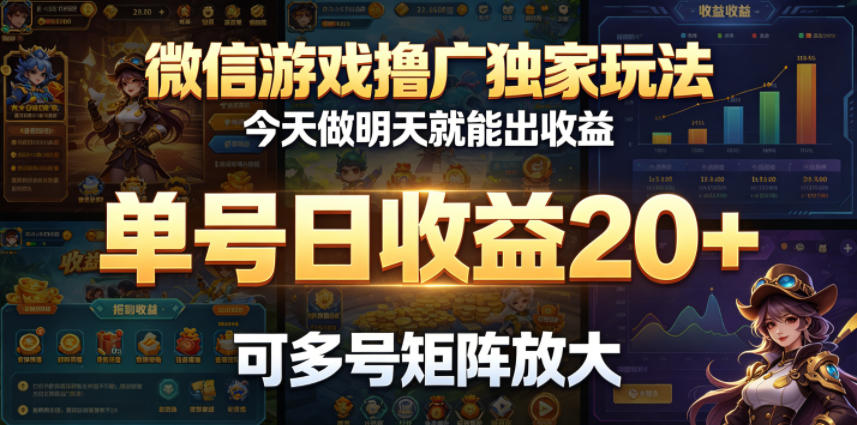 微信游戏撸广独家玩法，今天做明天就能出收益，单号日收益20+，可多号矩阵放大-heixxmi