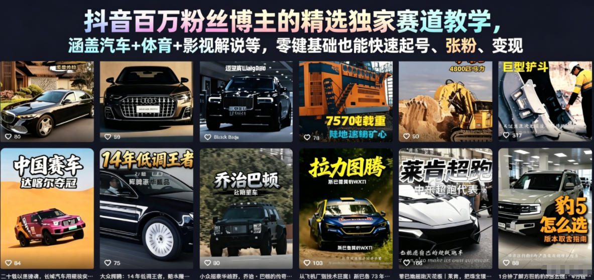 抖音百万粉丝博主的精选独家赛道教学，涵盖汽车+体育+影视解说等，零基础也能快速起号、涨粉、变现-heixxmi