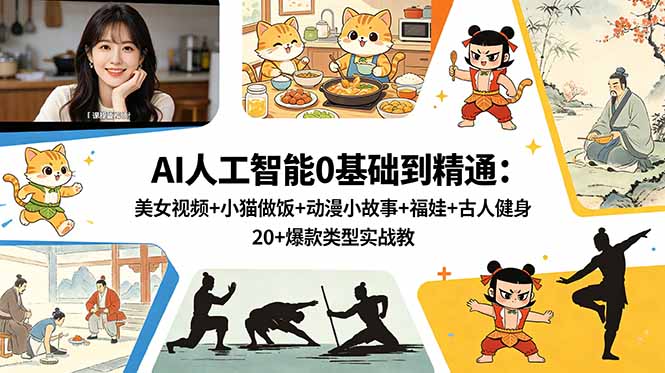 AI人工智能0基础到精通：美女视频+小猫做饭+动漫小故事+福娃+古人健身，20+爆款类型实战教学-heixxmi