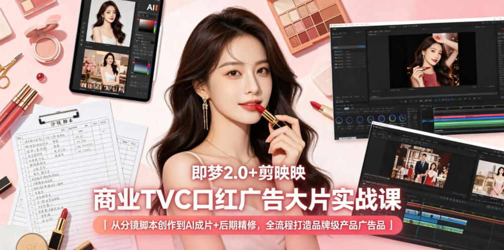 即梦2.0+剪映商业TVC口红广告大片实战课｜从分镜脚本创作到AI成片+后期精修，全流程打造品牌级产品广告-heixxmi