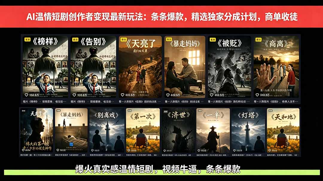 AI温情短剧创作者变现最新玩法：视频牛逼，条条爆款，精选独家分成计划，商单收徒-heixxmi