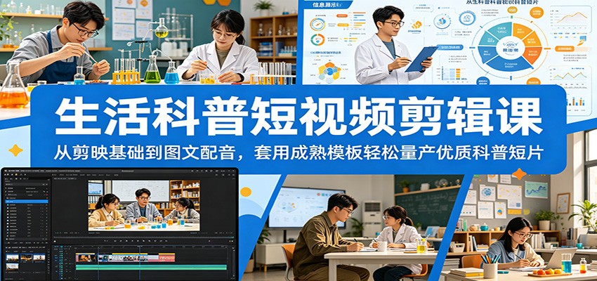 生活科普短视频剪辑课：从剪映基础到图文配音，套用成熟模板轻松量产优质科普短片-heixxmi