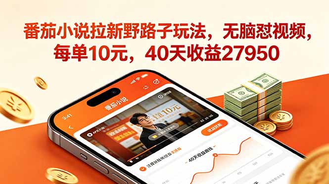 番茄小说拉新野路子玩法，无脑怼视频，每单10元，40天收益27950-heixxmi