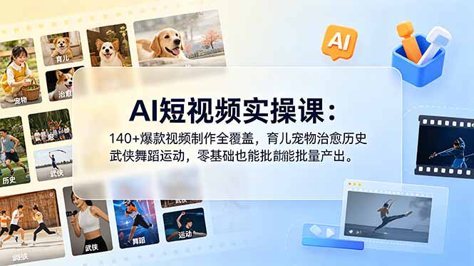 AI短视频实操课：140+爆款视频制作全覆盖，育儿宠物治愈历史武侠舞蹈运动，零基础也能批量产出-heixxmi