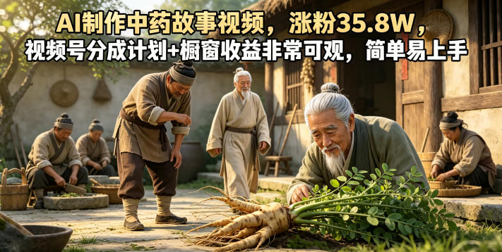 AI制作中药故事视频，涨粉35.8W，视频号分成计划+橱窗收益非常可观，简单易上手-heixxmi